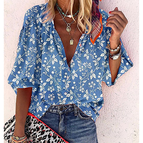 

Women's Blouse Shirt Pattern Geometric Long Sleeve Shirt Collar Tops Blue Purple Blushing Pink