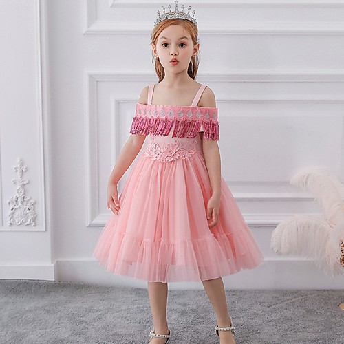 

Princess / Ball Gown Knee Length Wedding / Party Flower Girl Dresses - Tulle Short Sleeve Off Shoulder with Bow(s) / Pleats / Beading