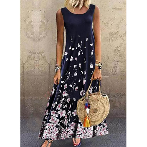 

Women's A-Line Dress Maxi long Dress - Sleeveless Floral Summer Casual Daily 2020 Navy Blue M L XL XXL XXXL