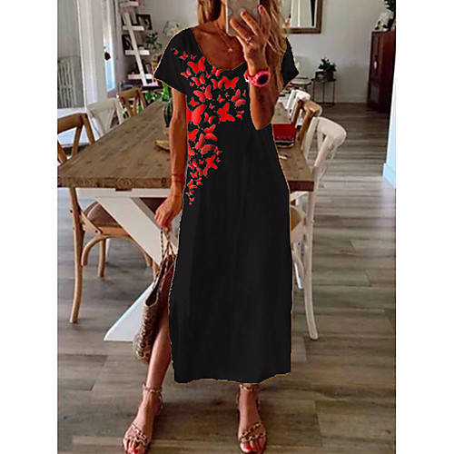 

Women's Shift Dress Midi Dress Black Short Sleeve Geometric Print Summer Round Neck Casual 2021 M L XL XXL 3XL