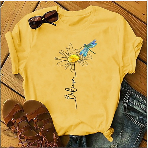 

Women's T shirt Geometric Sunflower Round Neck Tops Cotton White Yellow Blushing Pink