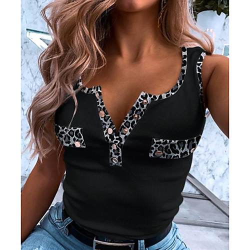

Women's Tank Top Color Block Leopard Cheetah Print V Neck Basic Tops Purple Red Gray