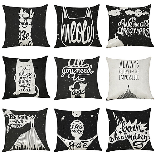 

9 pcs Linen Pillow Cover, Black White Animals Character Casual Modern Square Traditional Classic