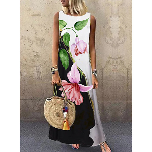 

Women's Shift Dress Maxi long Dress - Sleeveless Floral Print Summer Casual Daily 2020 Black M L XL XXL XXXL