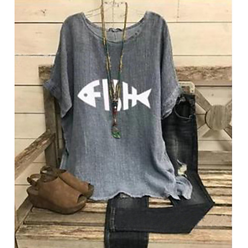 

Women's Blouse Shirt Geometric Round Neck Tops Cotton Light gray Gray