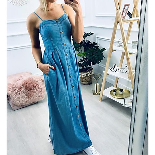 

Women's Strap Dress Maxi long Dress - Sleeveless Solid Color Summer Off Shoulder Work 2020 Light Blue M L XL XXL / Denim