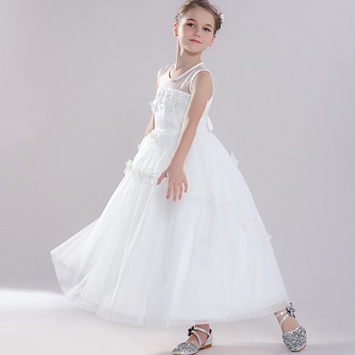 

Ball Gown Round Floor Length Tulle Junior Bridesmaid Dress with Bow(s) / Appliques