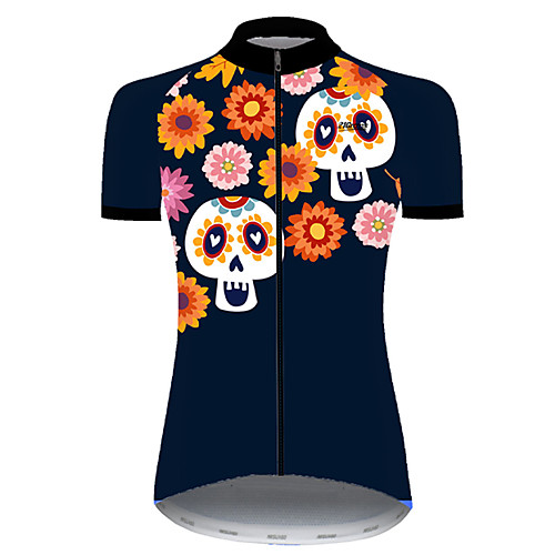 

21Grams Women's Short Sleeve Cycling Jersey Nylon Polyester Black / Orange Skull Floral Botanical Funny Bike Jersey Top Mountain Bike MTB Road Bike Cycling Breathable Quick Dry Ultraviolet Resistant