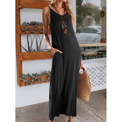 

Women's Shift Dress Maxi long Dress Blue Purple Wine Army Green Gray Khaki Green Dusty Blue Black Light Blue Sleeveless Solid Color Print Summer V Neck Casual Loose 2021 S M L XL XXL