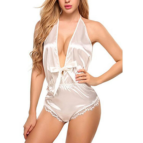 

Women's Backless Lace Bow Erotic Bodysuits Nightwear Solid Colored Wine / Green / White S M L / Halter Neck / Deep V