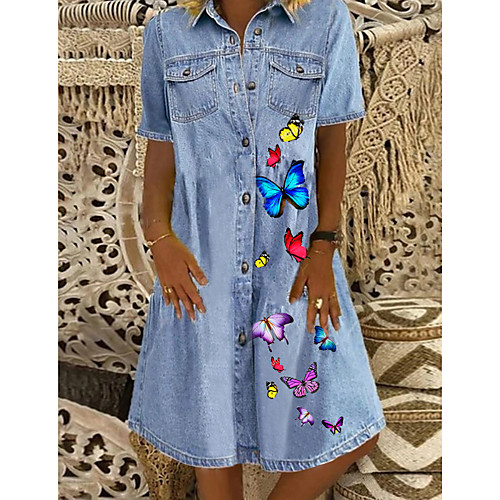 

Women's Denim Shirt Dress Knee Length Dress Blue Short Sleeve Butterfly Animal Pocket Button Front Print Summer Shirt Collar Casual 2021 M L XL XXL 3XL