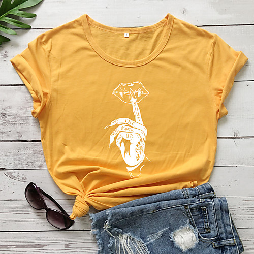 

Women's T shirt Graphic Text Graphic Prints Print Round Neck Basic Tops 100% Cotton White Black Purple