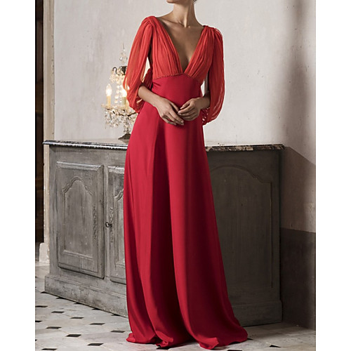

A-Line Beautiful Back Minimalist Engagement Formal Evening Dress V Neck 3/4 Length Sleeve Sweep / Brush Train Satin Tulle with Sleek 2021