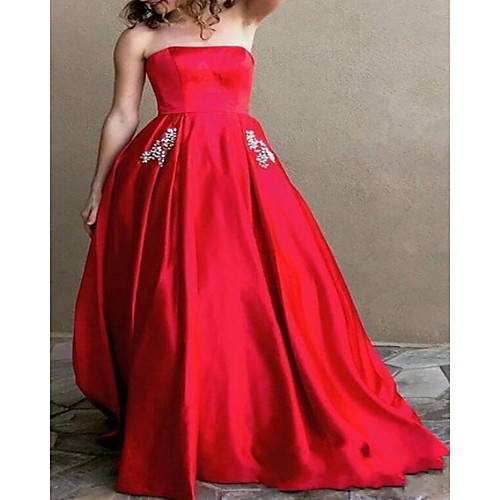 

A-Line Minimalist Elegant Wedding Guest Formal Evening Dress Strapless Sleeveless Sweep / Brush Train Satin with Pleats 2021