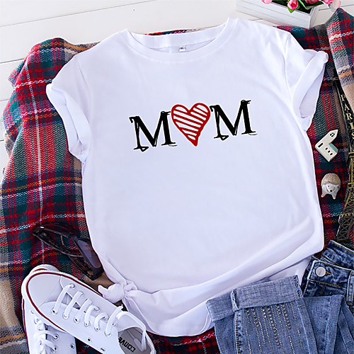 

Women's Mom T shirt Graphic Heart Text Print Round Neck Basic Tops 100% Cotton White Yellow Blushing Pink