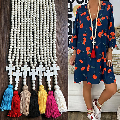 

Women's Long Necklace Tassel Ethnic Fashion Boho Stone Light Khaki Blue Yellow Blushing Pink Red 90 cm Necklace Jewelry For Gift Beach Festival