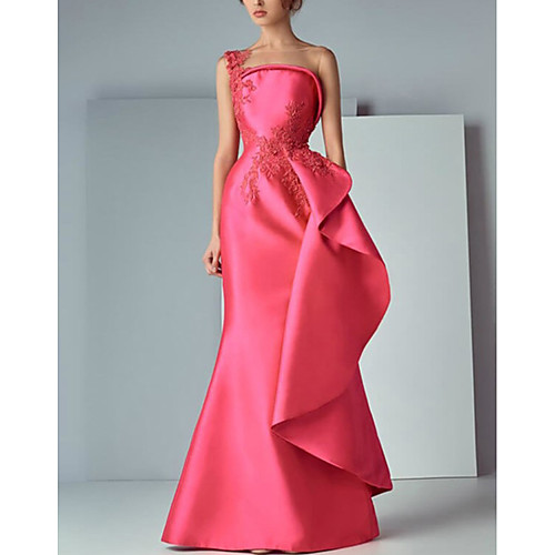 

Mermaid / Trumpet Elegant Floral Engagement Prom Dress Illusion Neck Sleeveless Floor Length Satin with Appliques 2021