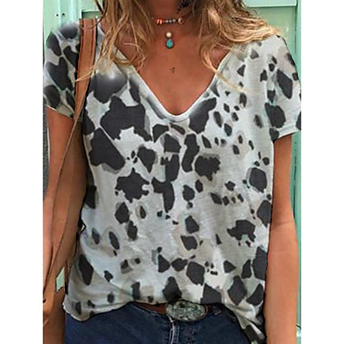 

Women's T shirt Print V Neck Basic Tops Cotton Gray