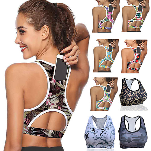 

Women's Sports Bra Medium Support Back Pocket Racerback Print Forest Green White Black Yellow Red Mesh Spandex Yoga Fitness Gym Workout Bra Top Sport Activewear Comfort High Impact Quick Dry