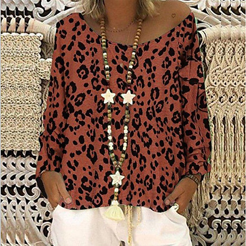 

Women's T shirt Floral Leopard Cheetah Print Long Sleeve Round Neck Tops Blue Purple Red