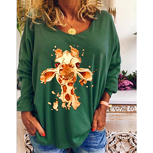 

Women's T shirt Animal Long Sleeve V Neck Tops White Khaki Green