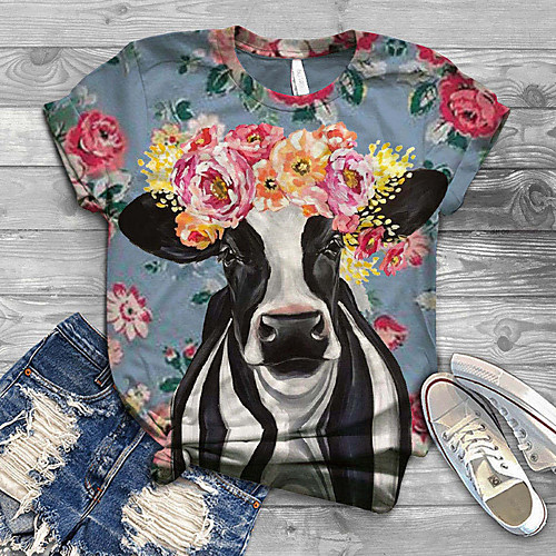 

Women's T shirt Floral Flower Animal Print Round Neck Basic Tops Blue Light Green