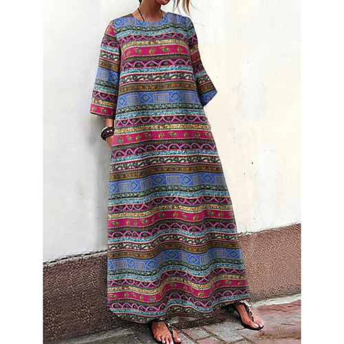 

Women's Shift Dress Maxi long Dress Blue Red 3/4 Length Sleeve Print Print Summer Round Neck Casual Loose 2021 M L XL XXL 3XL 4XL 5XL / Cotton / Cotton