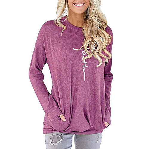 

Women's Faith T shirt Graphic Text Letter Long Sleeve Print Round Neck Basic Tops Black Blushing Pink Green