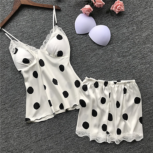

Women's Suits Pajamas Sets Lace Polka Dot Spandex Casual Strap Top Shorts Deep V Daily Wear Home Hook & Eye Lined / Sexy
