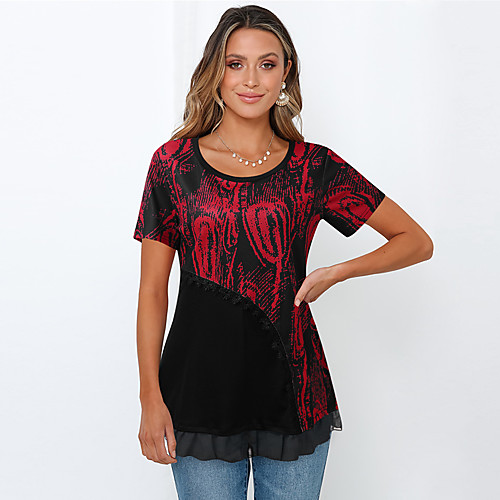 

Women's Blouse Shirt Abstract Round Neck Tops Red