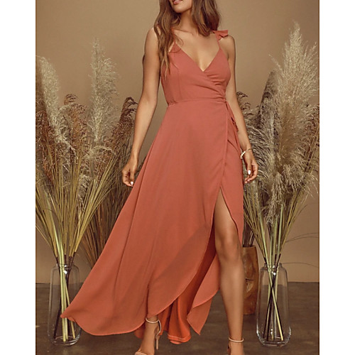 

Sheath / Column Maxi Boho Holiday Party Wear Dress V Neck Sleeveless Asymmetrical Chiffon with Ruffles Split 2021