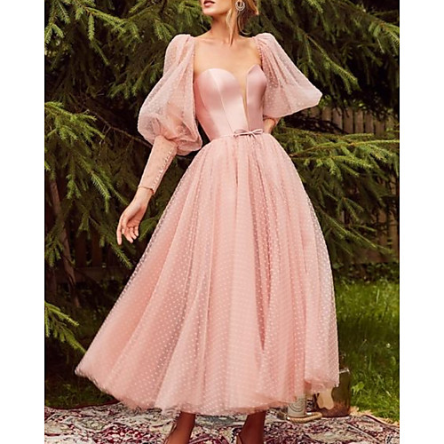 

A-Line Beautiful Back Elegant Wedding Guest Prom Dress Sweetheart Neckline Long Sleeve Ankle Length Tulle with Bow(s) 2021