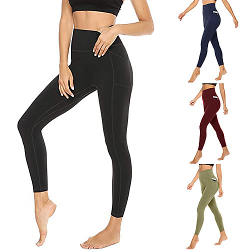 

Women's High Waist Yoga Pants Side Pockets Cropped Leggings Tights Tummy Control Butt Lift 4 Way Stretch Burgundy Green Black Fitness Gym Workout Running Winter Summer Sports Activewear High