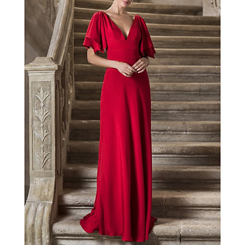 

Sheath / Column Minimalist Elegant Engagement Formal Evening Dress V Neck Short Sleeve Sweep / Brush Train Chiffon with Sleek 2021