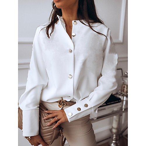

Women's Blouse Shirt Solid Colored Long Sleeve Button Standing Collar Basic Tops White Black