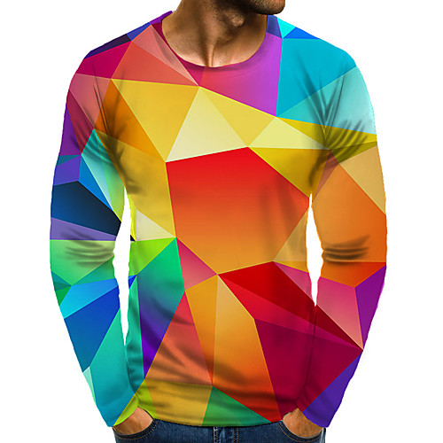 

Men's T shirt Shirt Graphic Plus Size Print Long Sleeve Daily Tops Basic Exaggerated Round Neck Blue Rainbow