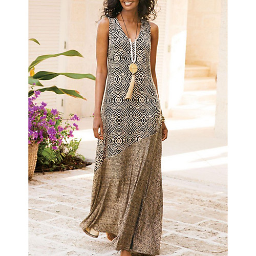 

Women's A Line Dress Maxi long Dress Blue Khaki Black Sleeveless Print Summer V Neck Work 2021 S M L XL XXL 3XL