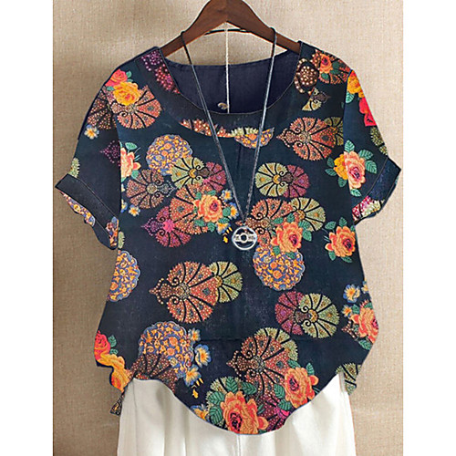 

Women's Blouse Shirt Tribal Round Neck Tops Red Navy Blue