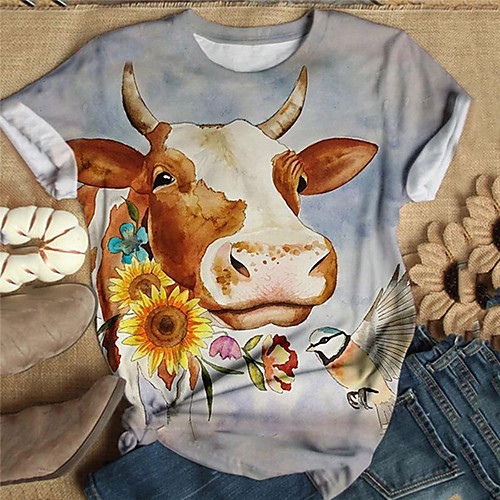 

Women's T shirt Floral Flower Animal Long Sleeve Print Round Neck Basic Tops Light gray Rainbow Light Blue