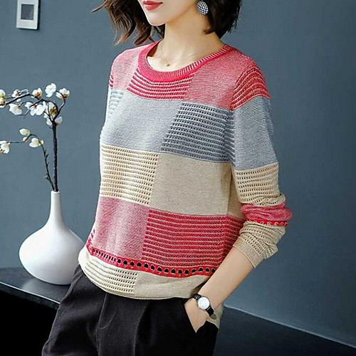 

Women's Striped Pullover Long Sleeve Sweater Cardigans Round Neck Fall Black Purple Red