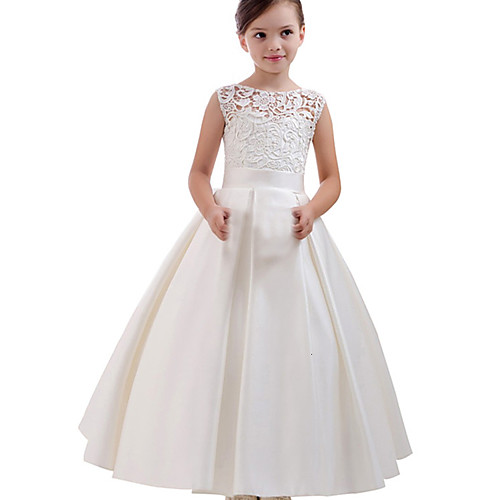 

Princess Floor Length Flower Girl Dresses Party Lace Short Sleeve Jewel Neck with Pleats