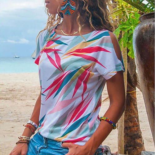

Women's T shirt Abstract Round Neck Tops Blue Purple Red