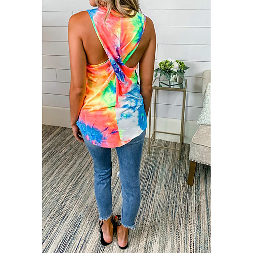 

Women's Tank Top Tie Dye Patchwork Print Round Neck Basic Tops Rainbow