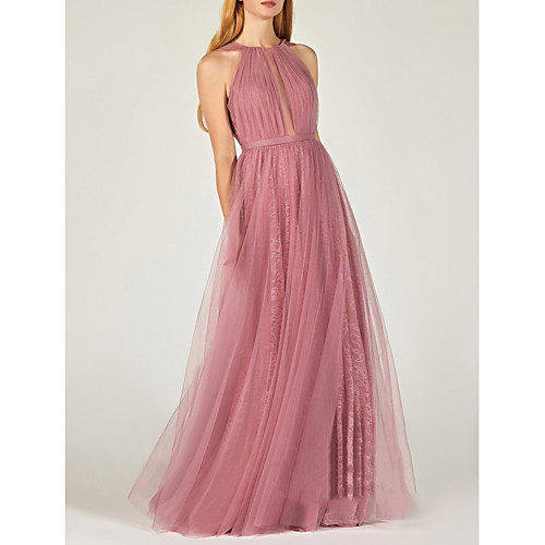 

A-Line Minimalist Sexy Engagement Formal Evening Dress Jewel Neck Sleeveless Floor Length Tulle with Pleats 2021