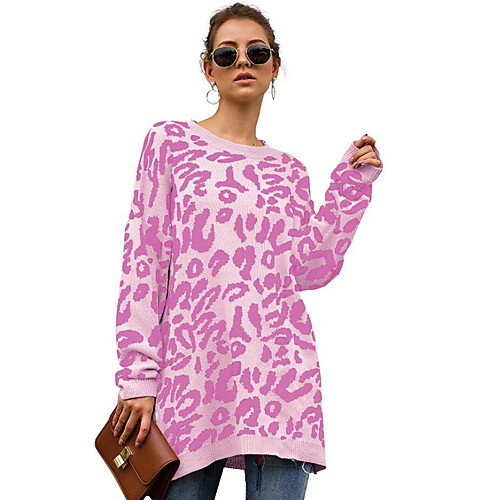 

Women's Leopard Cheetah Print Pullover Long Sleeve Oversized Sweater Cardigans Round Neck Fall White Black Yellow