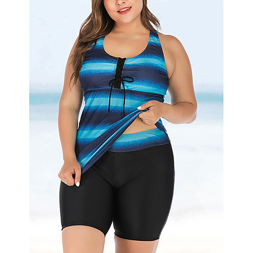 

Women's Tankini 2 Piece Swimsuit Tummy Control Racerback High Waist Color Block Blue Navy Blue Plus Size Swimwear Bathing Suits New / Slim / Padded Bras / Beach