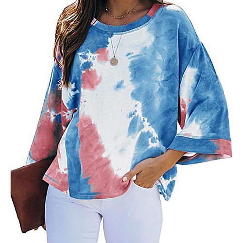 

Women's T shirt Tie Dye Round Neck Tops Red Blushing Pink Green