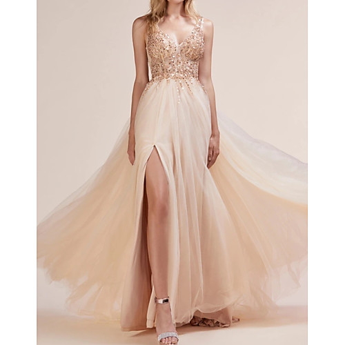 

A-Line Sparkle Sexy Engagement Formal Evening Dress V Neck Sleeveless Sweep / Brush Train Tulle with Beading Split 2021