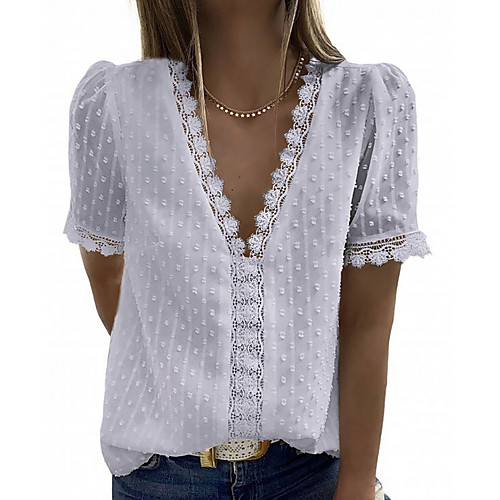 

Women's Blouse Shirt Plain Solid Colored V Neck Tops White Black Dusty Blue