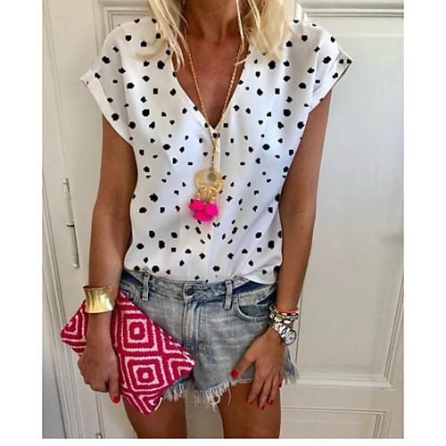 

Women's Blouse Shirt Polka Dot V Neck Tops White Blue Yellow